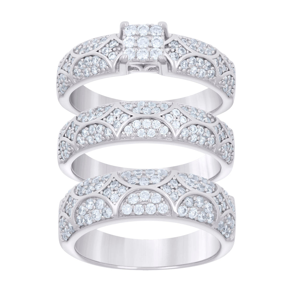 925 Sterling Silver Cubic-Zirconia His & Hers Trio Ring Set Size 7 - SLV-127266