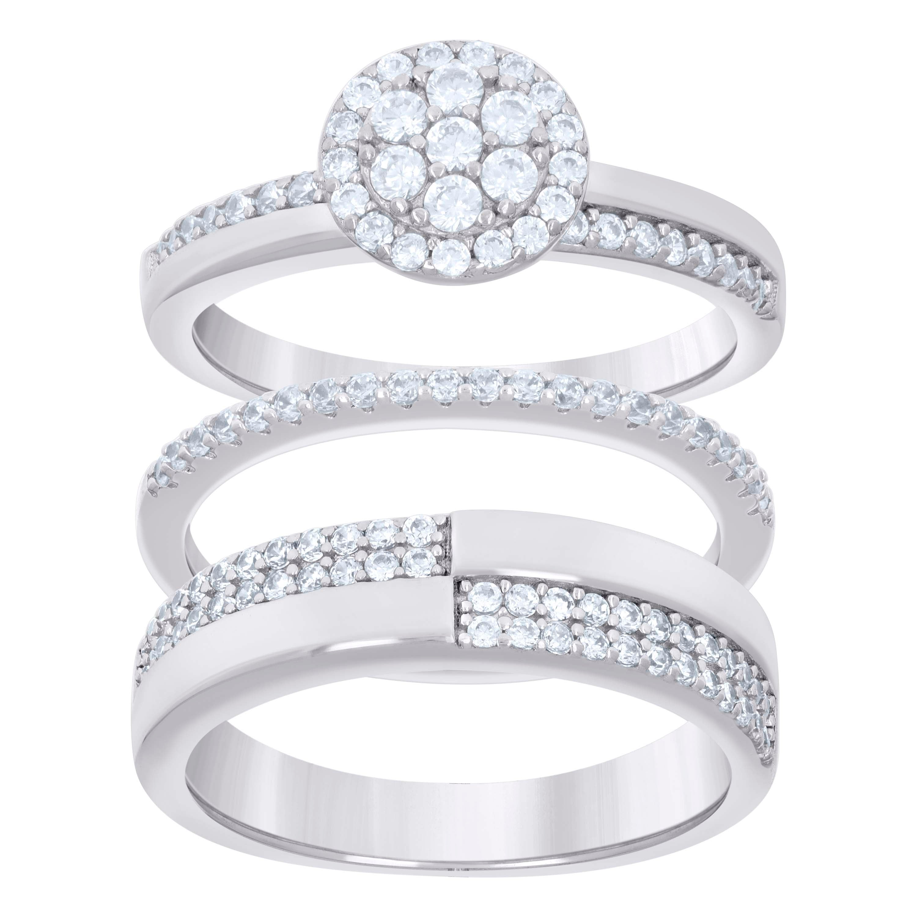 925 Sterling Silver Cubic-Zirconia His & Hers Trio Ring Set Size 7