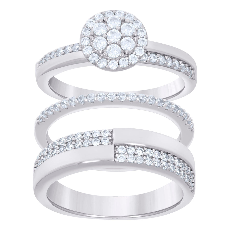925 Sterling Silver Cubic-Zirconia His & Hers Trio Ring Set Size 7