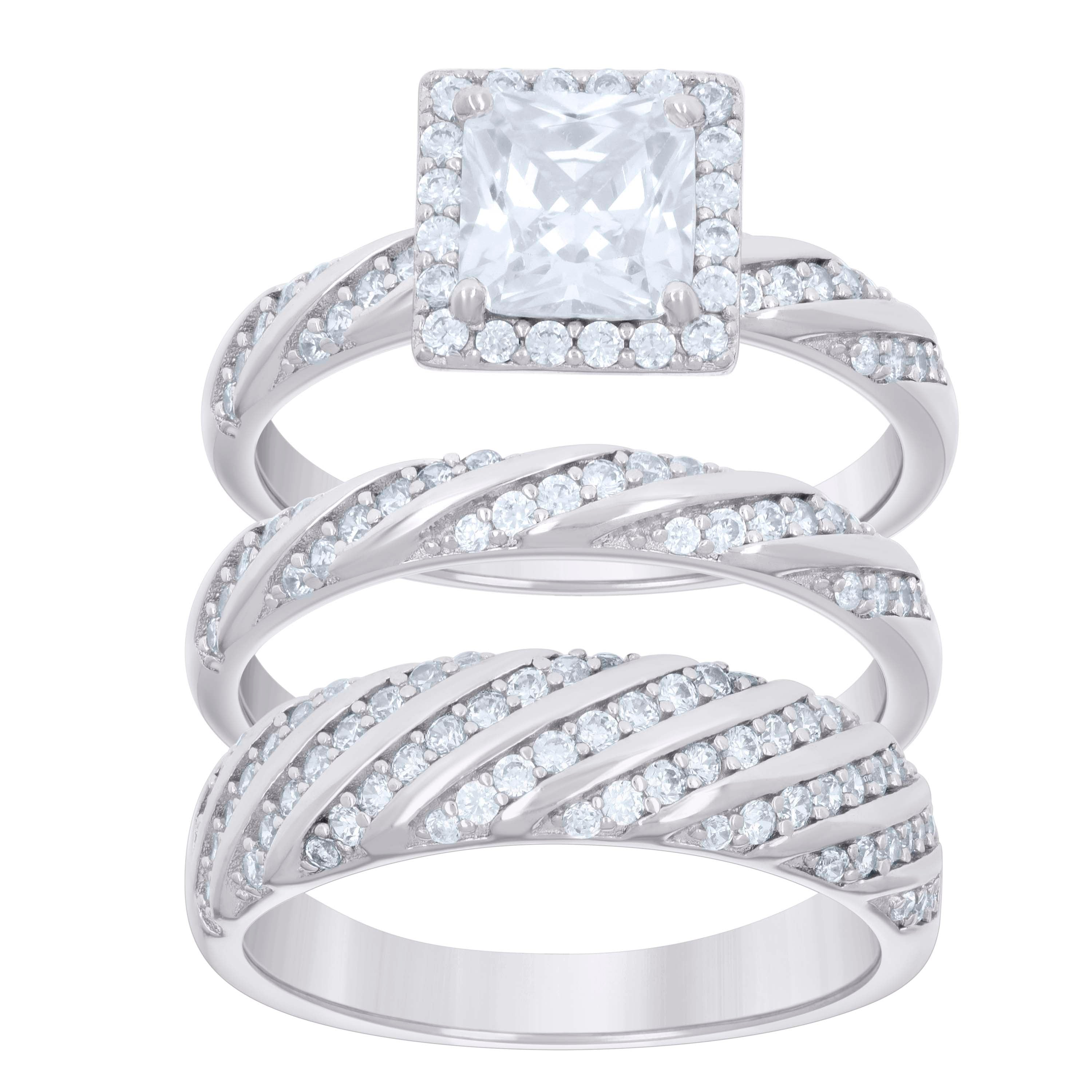 925 Sterling Silver Princess-Cut Round Cubic-Zirconia His & Hers Trio Ring Set Size 8 - SLV-127287