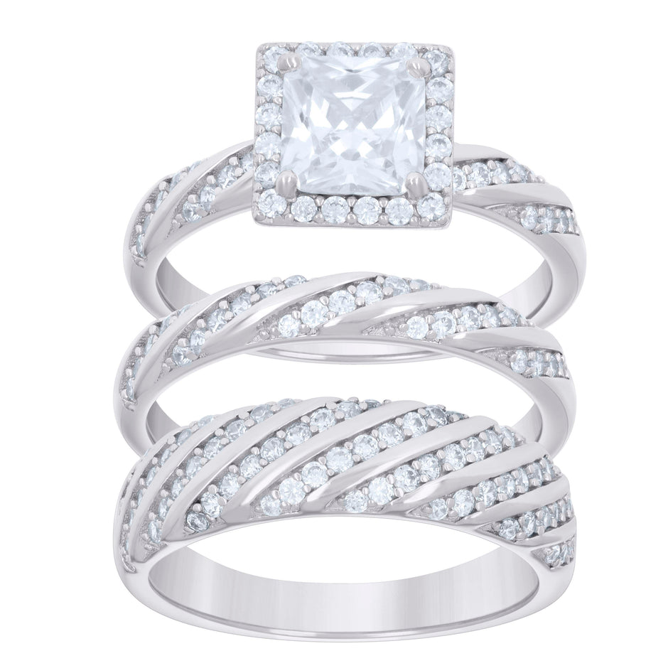 925 Sterling Silver Princess-Cut Round Cubic-Zirconia His & Hers Trio Ring Set Size 8 - SLV-127287