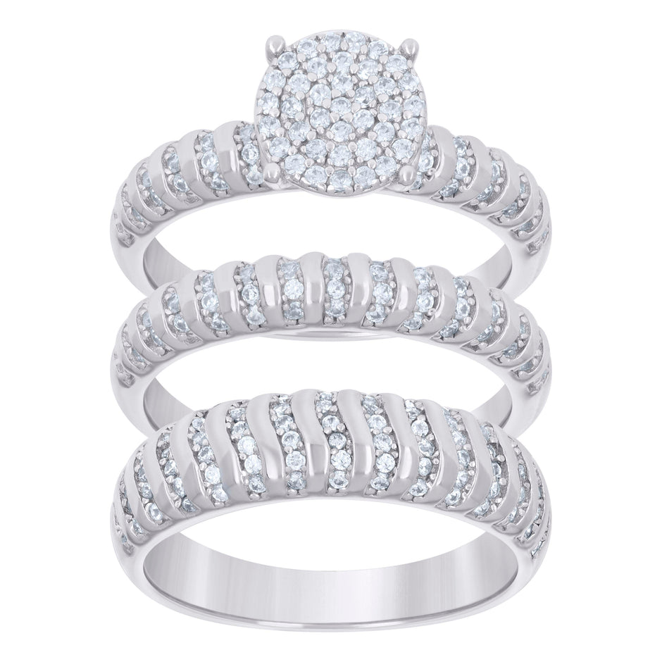 925 Sterling Silver Cubic-Zirconia His & Hers Trio Ring Set Size 7