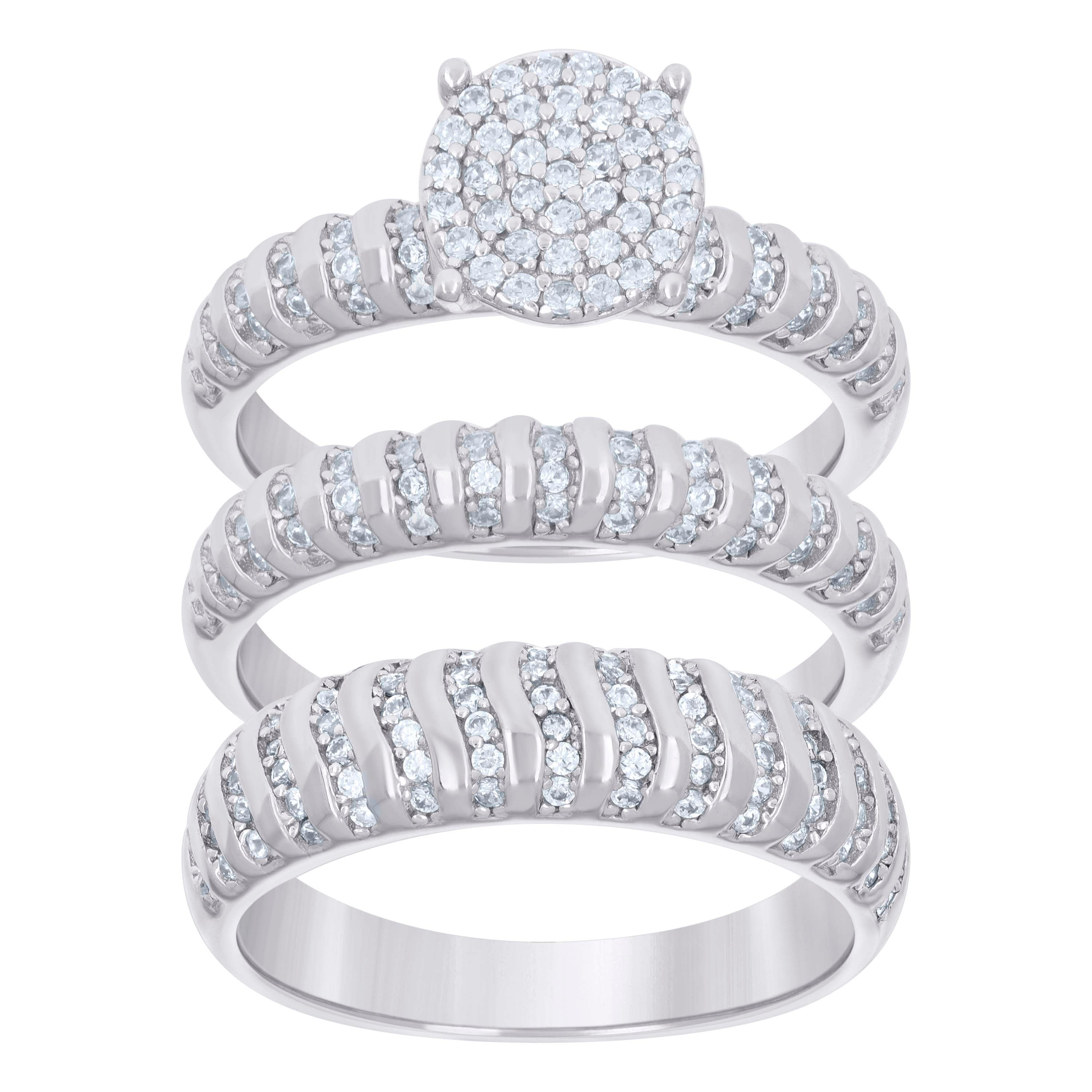 925 Sterling Silver Cubic-Zirconia His & Hers Trio Ring Set Size 9 - SLV-127293