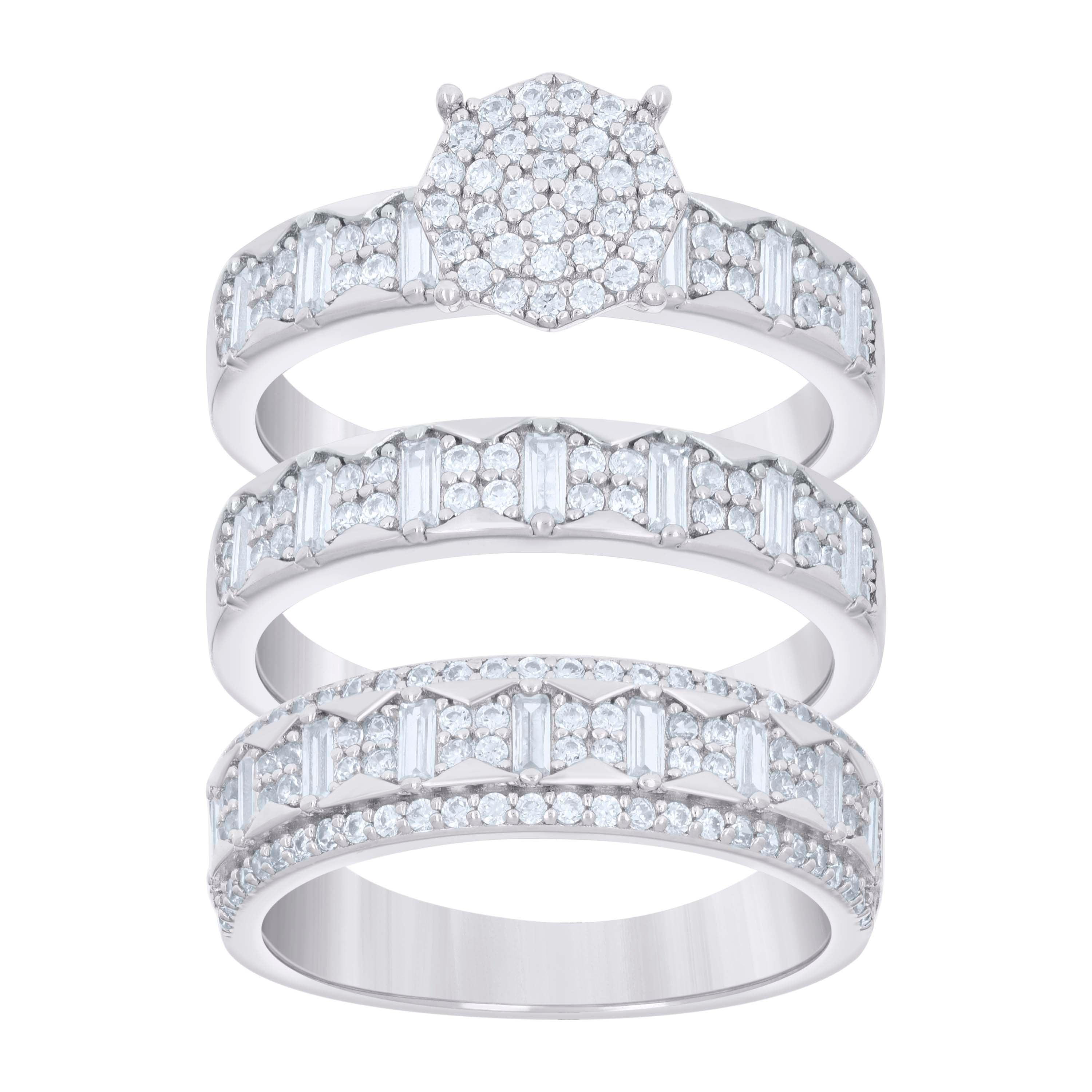 925 Sterling Silver Baguette Round Cubic-Zirconia His & Hers Trio Ring Set Size 7 - SLV-127296
