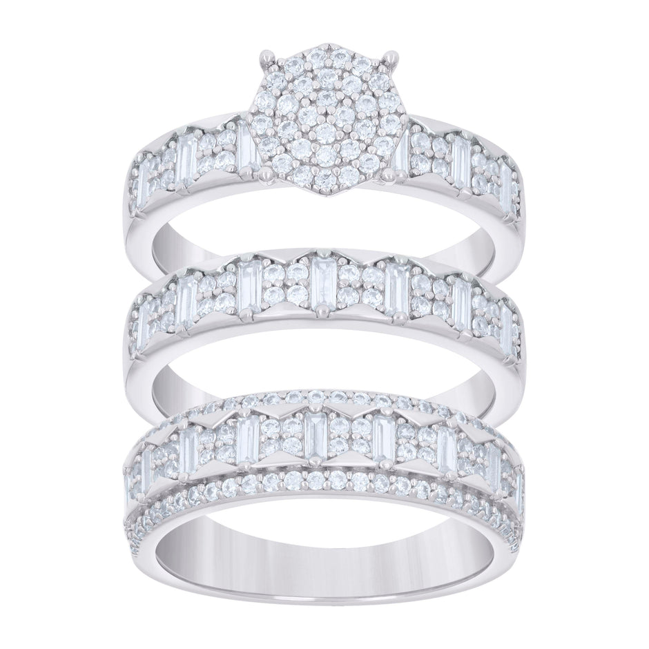 925 Sterling Silver Baguette Round Cubic-Zirconia His & Hers Trio Ring Set Size 7 - SLV-127296