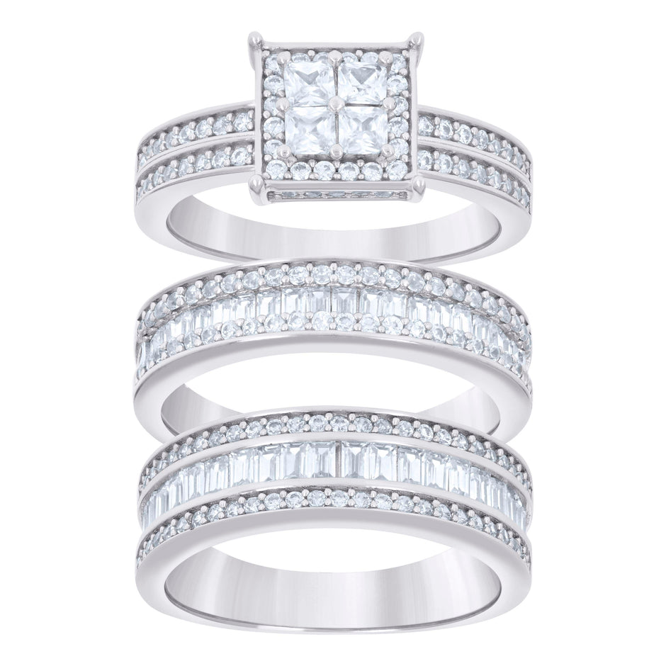 925 Sterling Silver Princess-Cut/Baguette Round Cubic-Zirconia His & Hers Trio Ring Set Size 7