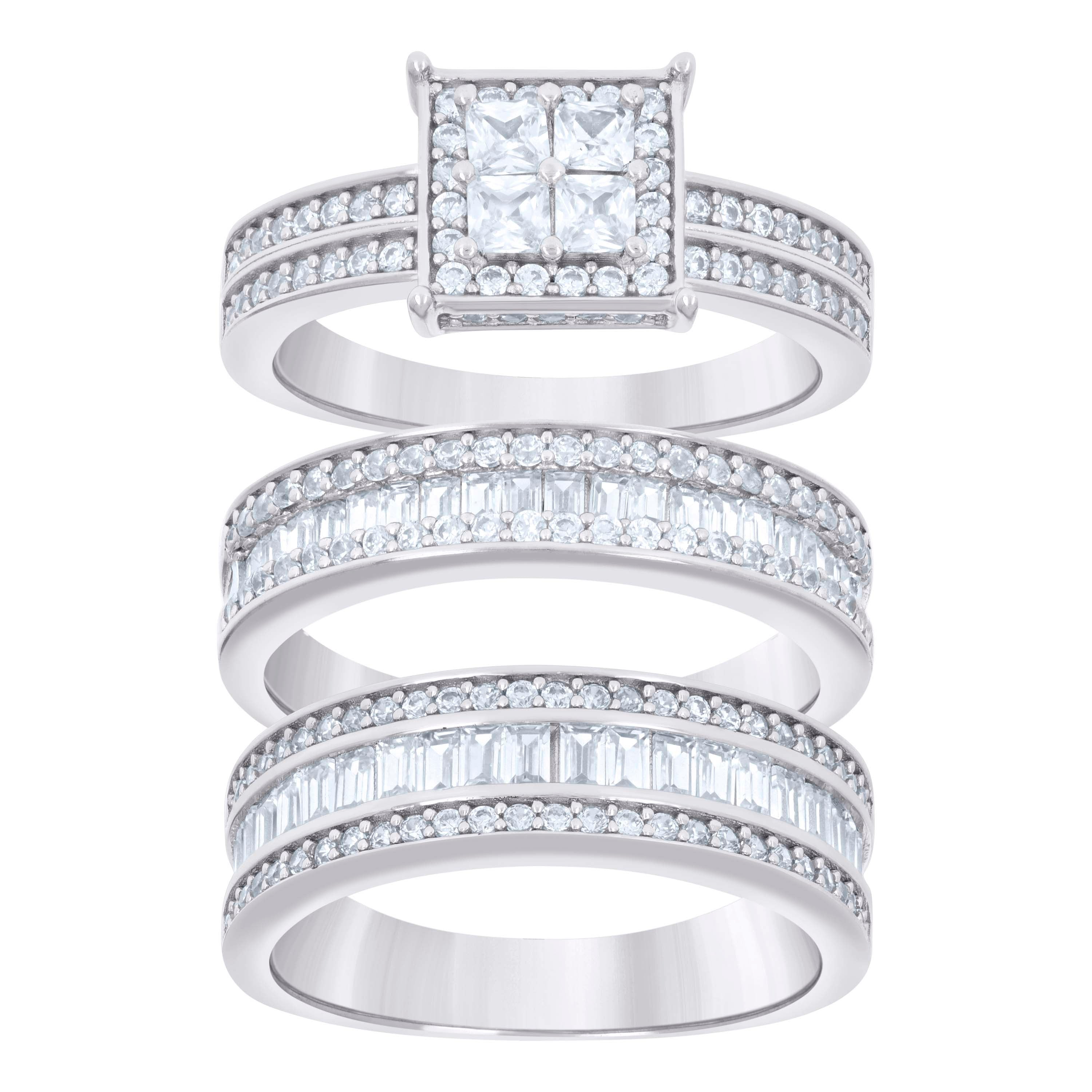925 Sterling Silver Princess-Cut/Baguette Round Cubic-Zirconia His & Hers Trio Ring Set Size 8 - SLV-127302