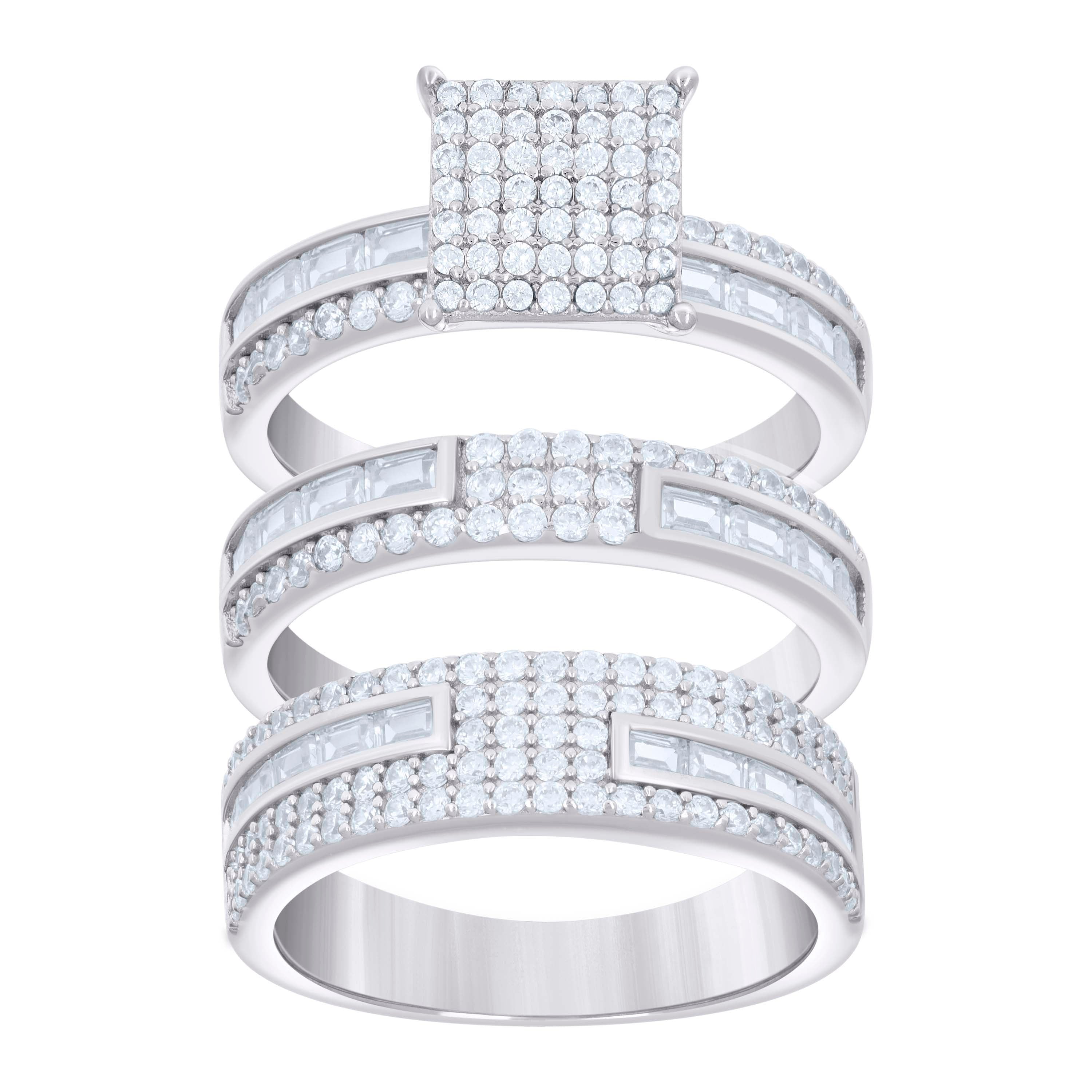 925 Sterling Silver Baguette Round Cubic-Zirconia His & Hers Trio Ring Set Size 6