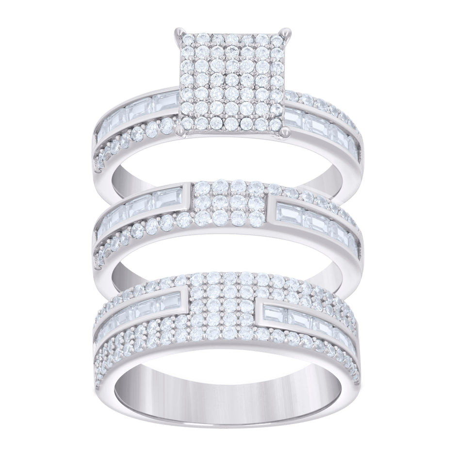 925 Sterling Silver Baguette Round Cubic-Zirconia His & Hers Trio Ring Set Size 8 - SLV-127307