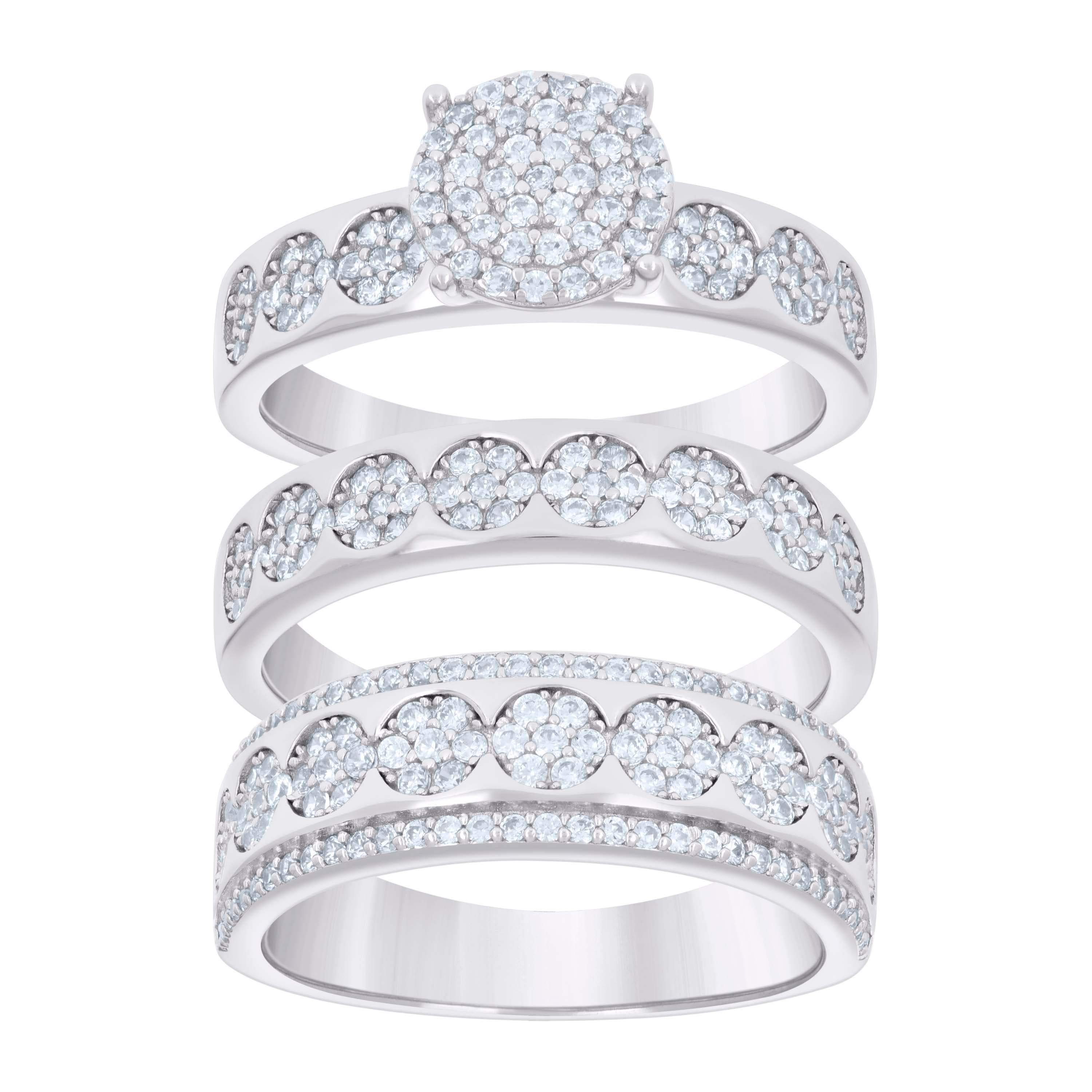 925 Sterling Silver Cubic-Zirconia His & Hers Trio Ring Set Size 8 - SLV-127312