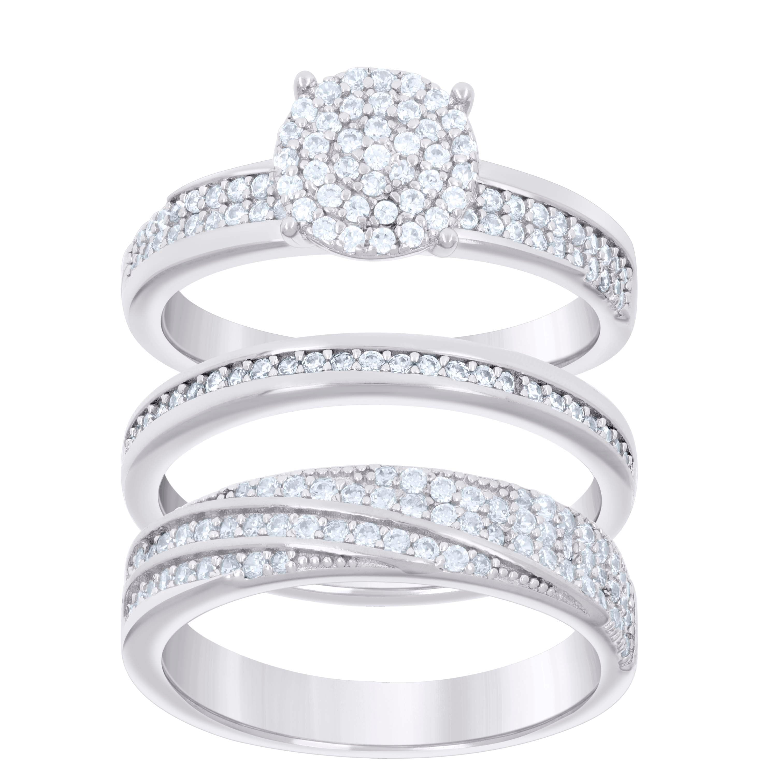 925 Sterling Silver Cubic-Zirconia His & Hers Trio Ring Set Size 9 - SLV-127318