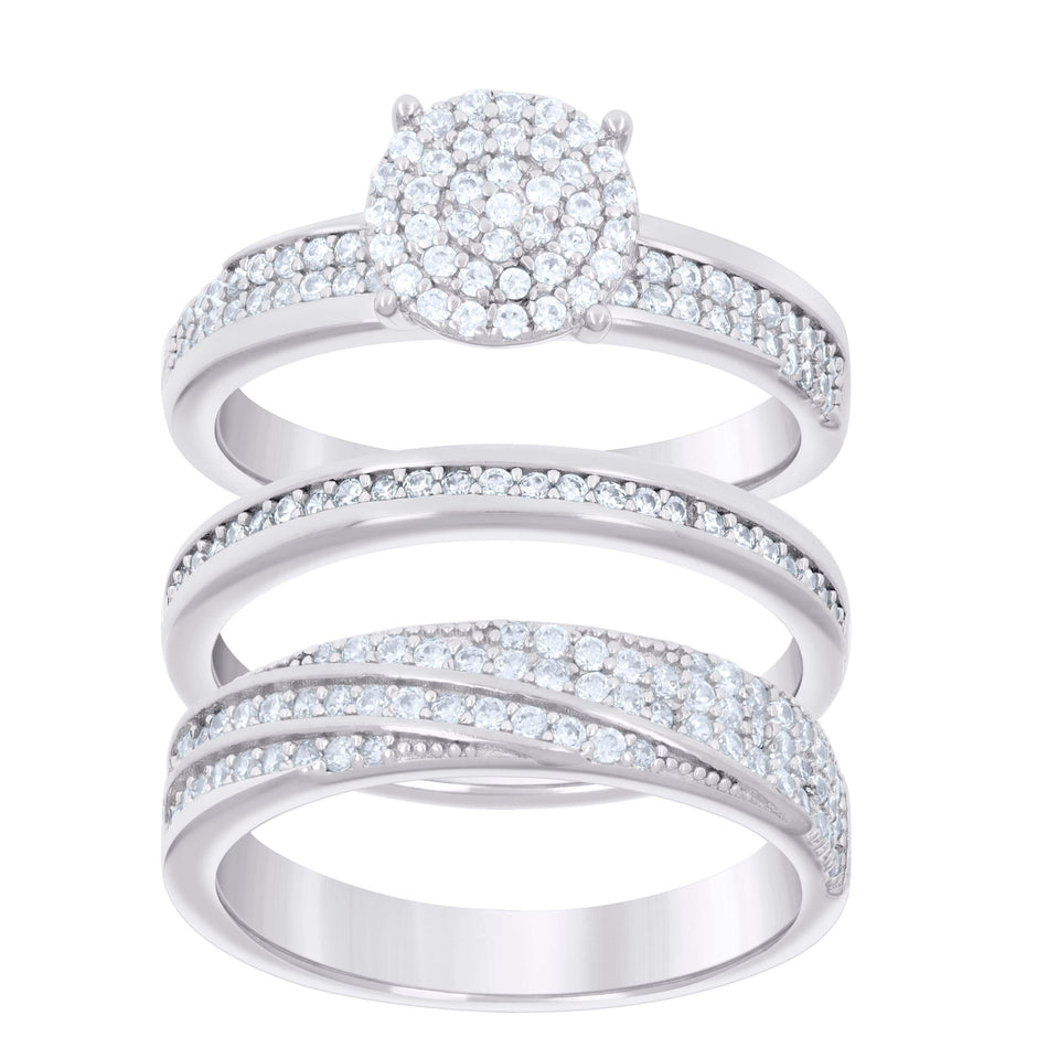 925 Sterling Silver Cubic-Zirconia His & Hers Trio Ring Set Size 9 - SLV-127318