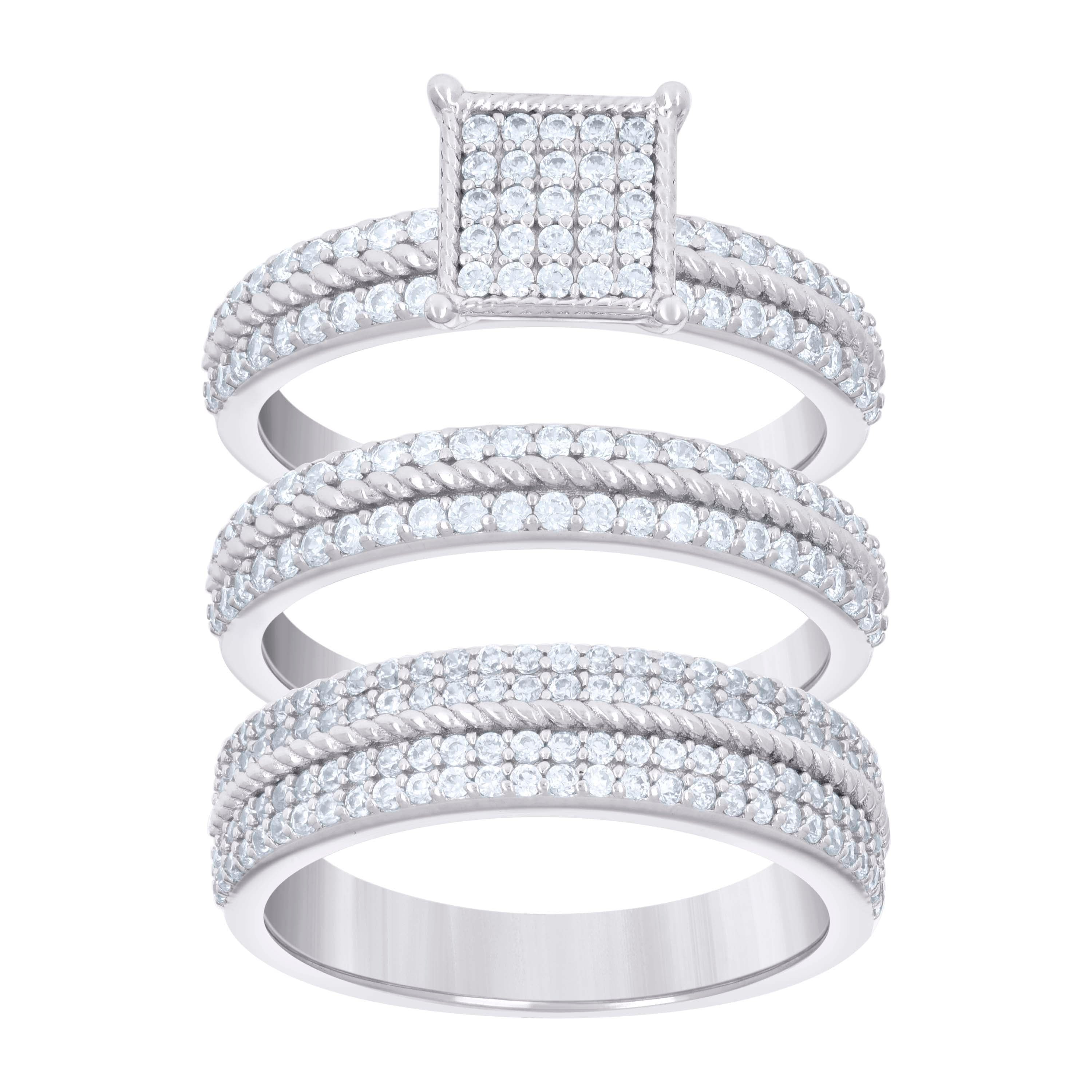 925 Sterling Silver Cubic-Zirconia His & Hers Trio Ring Set Size 8 - SLV-127322