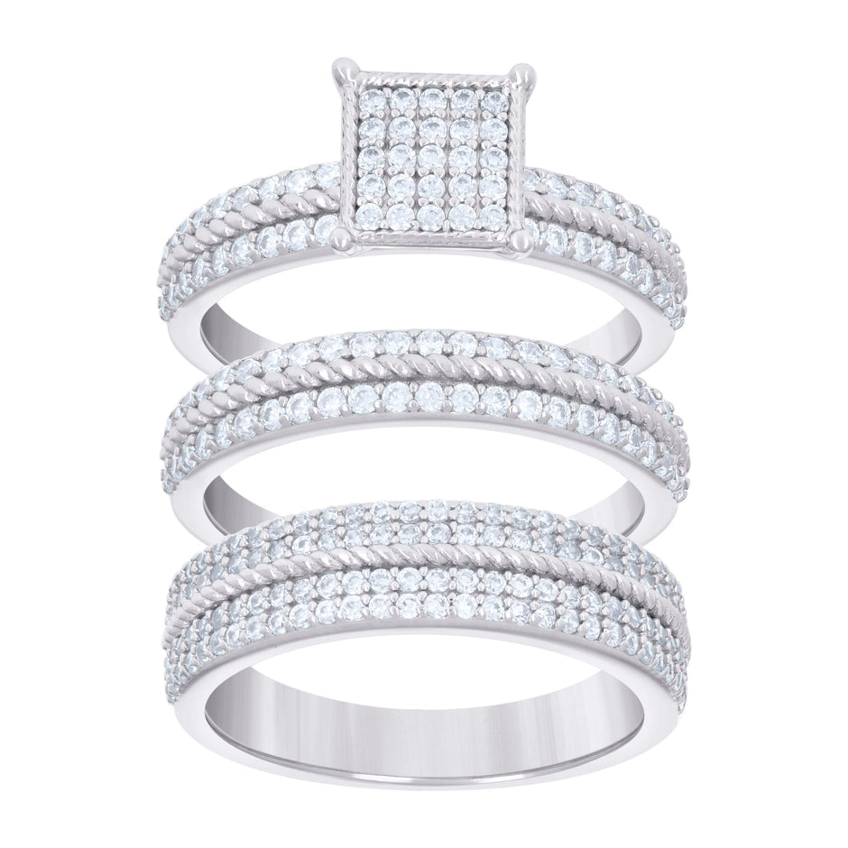 925 Sterling Silver Cubic-Zirconia His & Hers Trio Ring Set Size 8 - SLV-127322