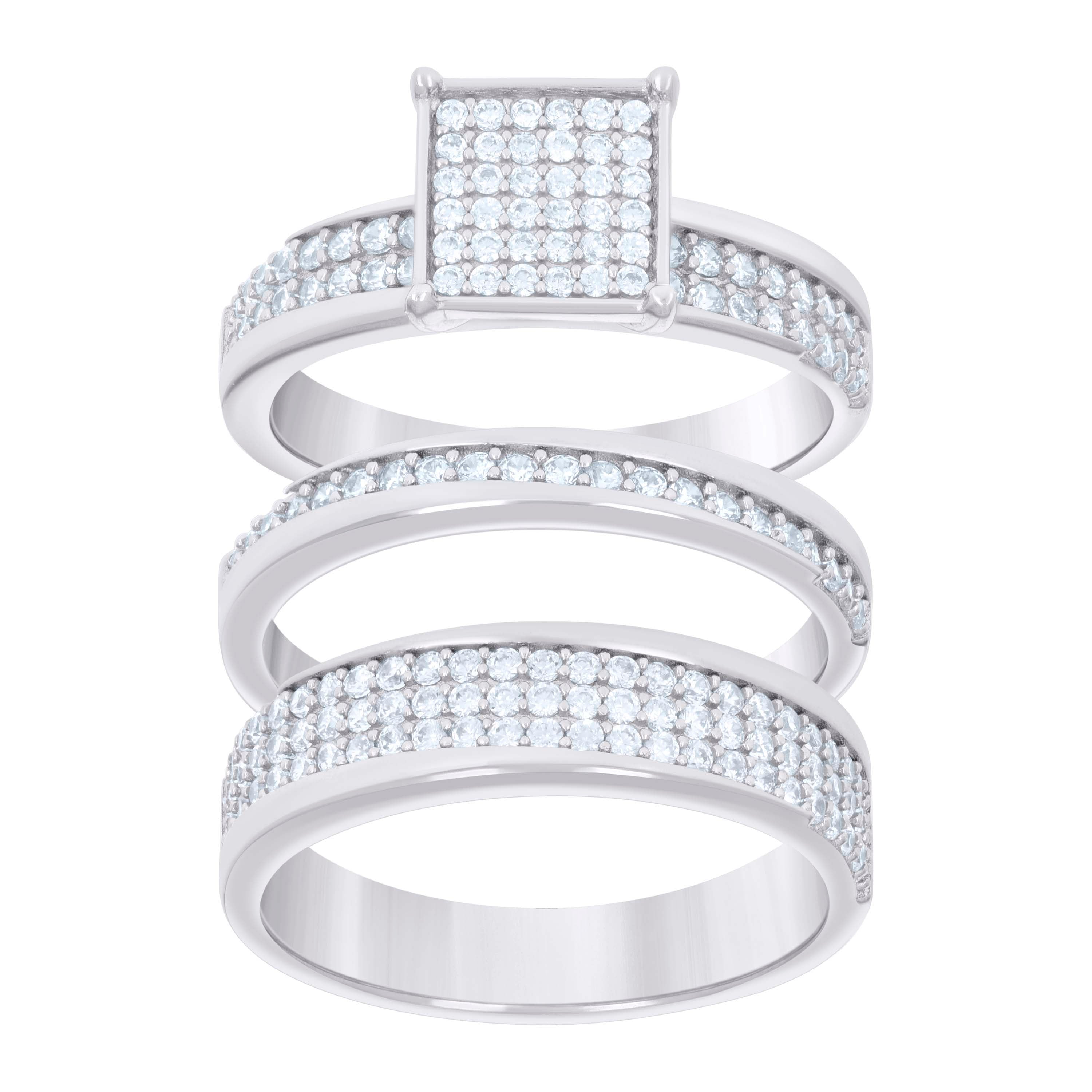 925 Sterling Silver Cubic-Zirconia His & Hers Trio Ring Set Size 8 - SLV-127327