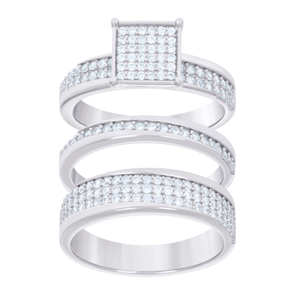 925 Sterling Silver Cubic-Zirconia His & Hers Trio Ring Set Size 8 - SLV-127327