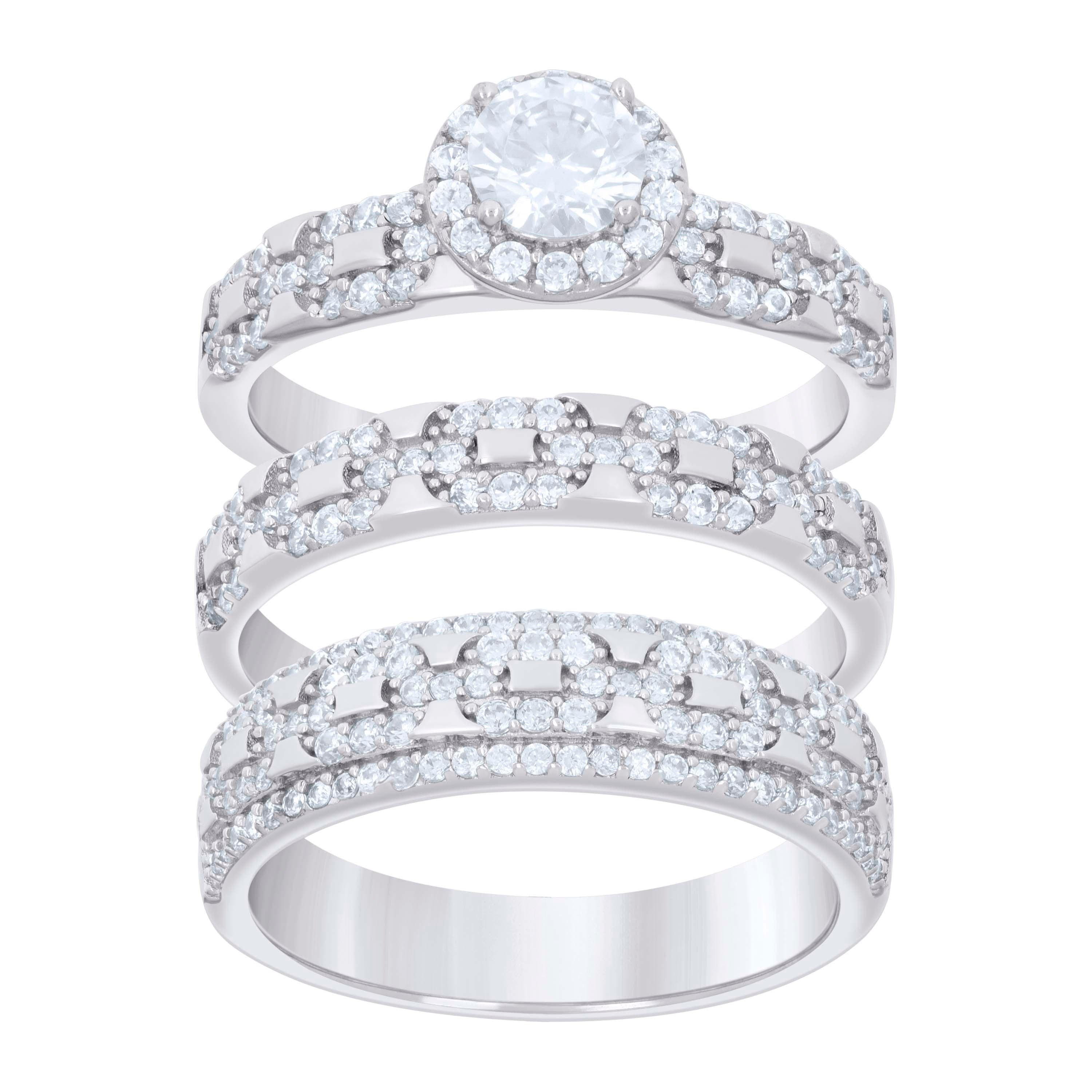 925 Sterling Silver Cubic-Zirconia His & Hers Trio Ring Set Size 9 - SLV-127333