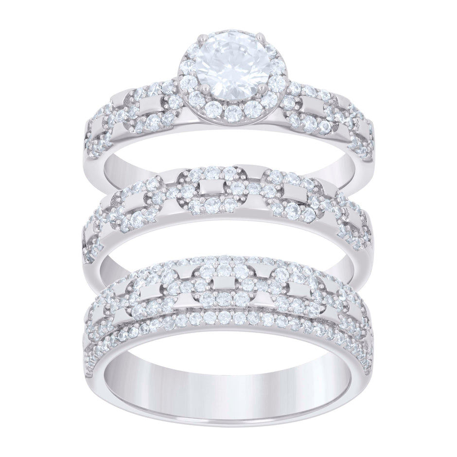 925 Sterling Silver Cubic-Zirconia His & Hers Trio Ring Set Size 9 - SLV-127333