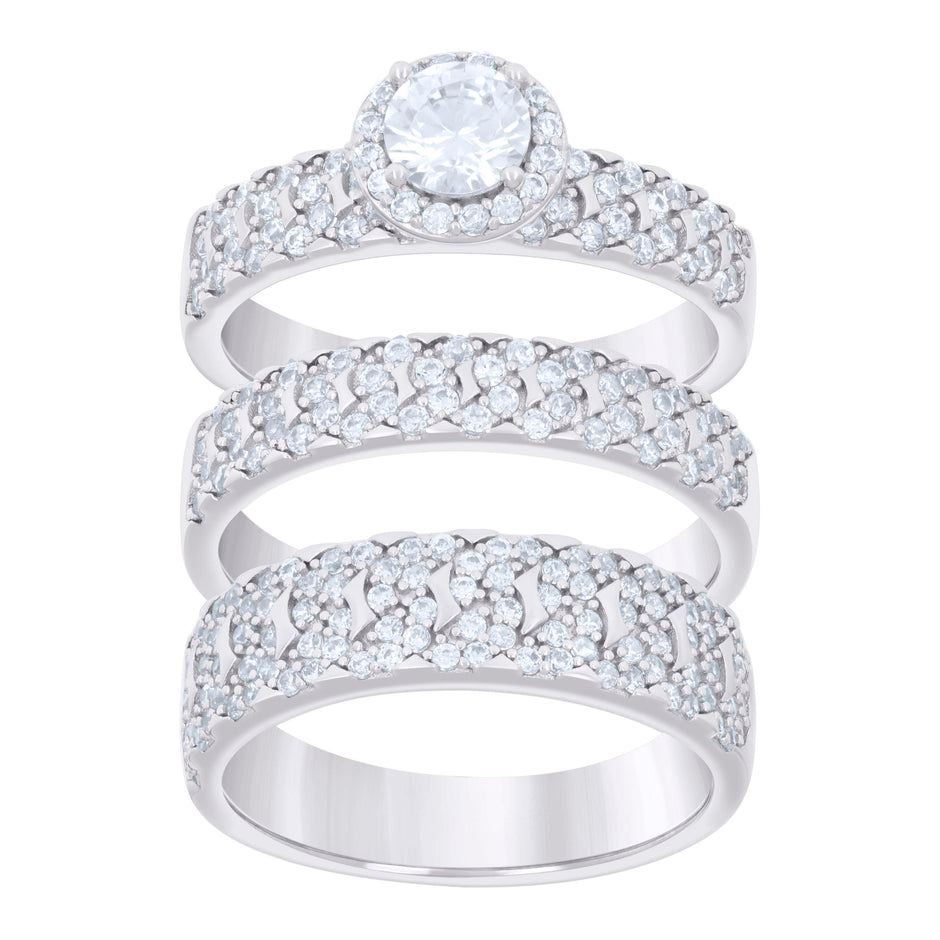 925 Sterling Silver Cubic-Zirconia His & Hers Trio Ring Set Size 8