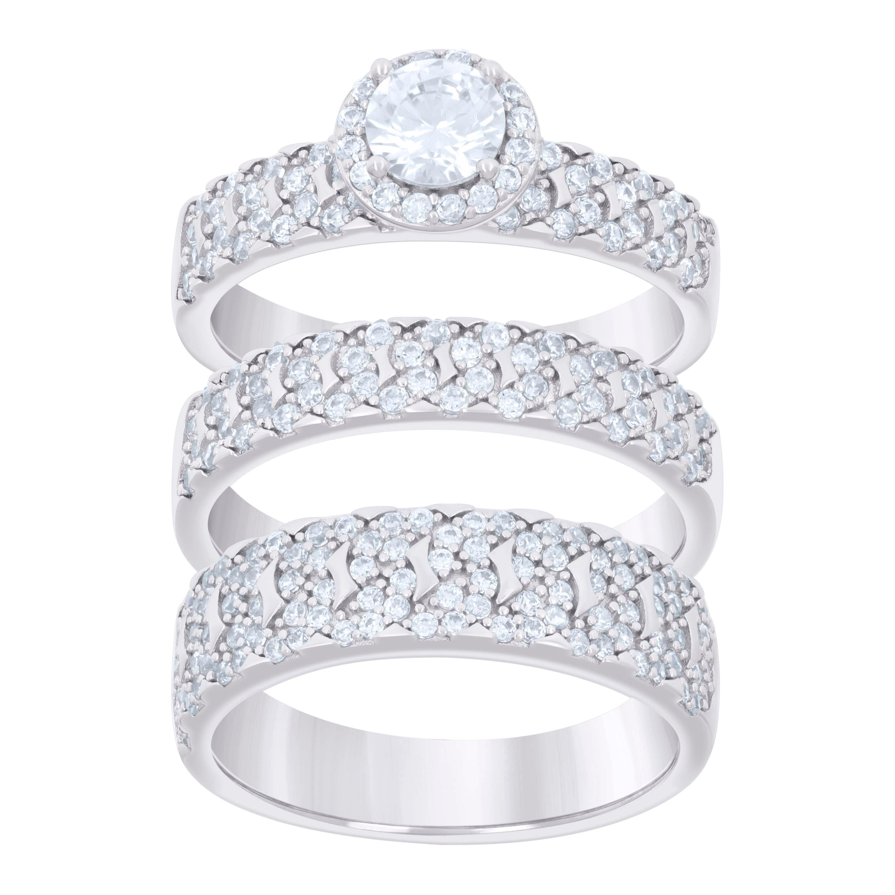 925 Sterling Silver Cubic-Zirconia His & Hers Trio Ring Set Size 9 - SLV-127342