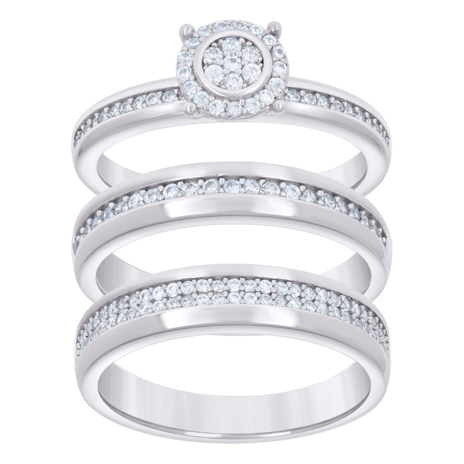 925 Sterling Silver Cubic-Zirconia His & Hers Trio Ring Set Size 6