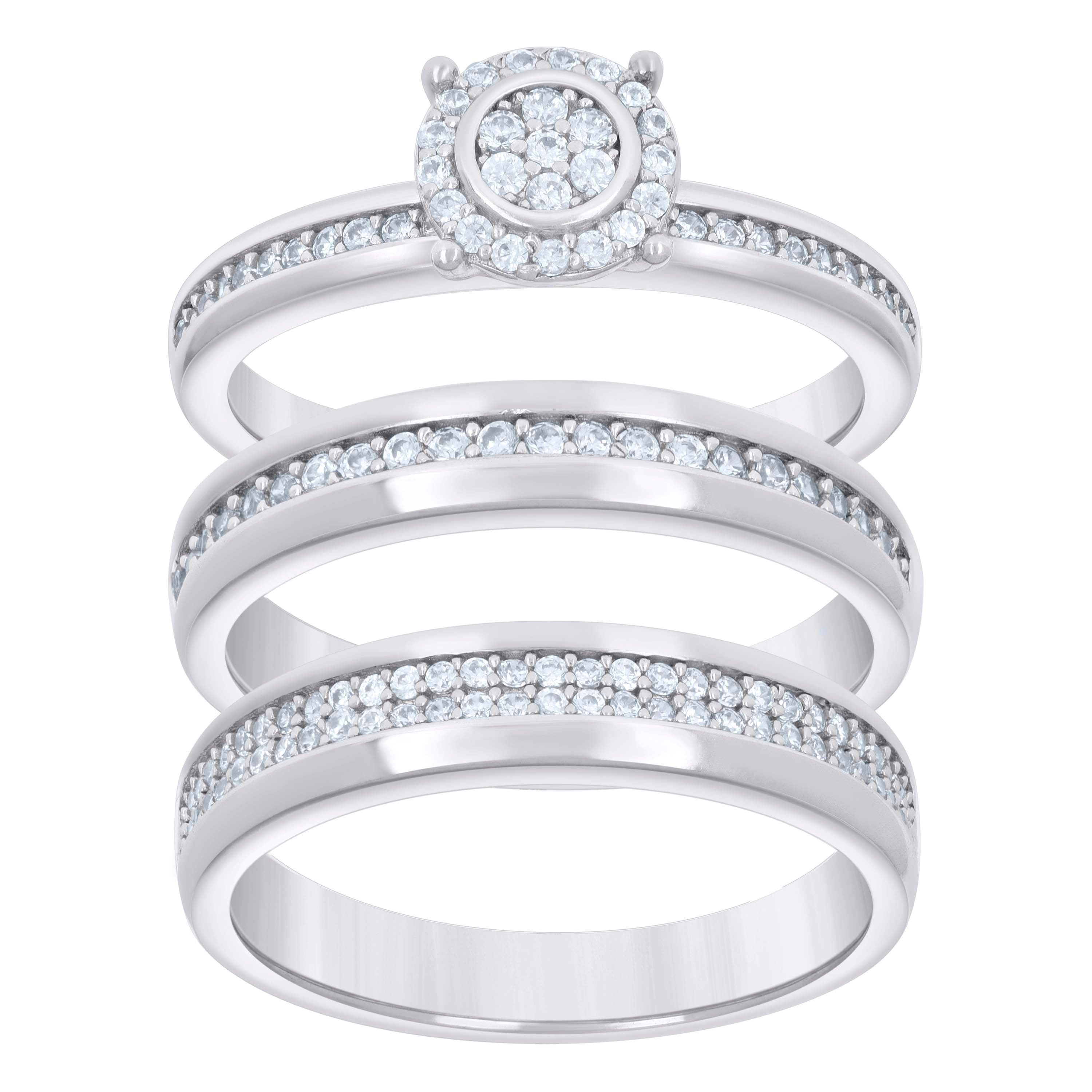 925 Sterling Silver Cubic-Zirconia His & Hers Trio Ring Set Size 7 - SLV-127345