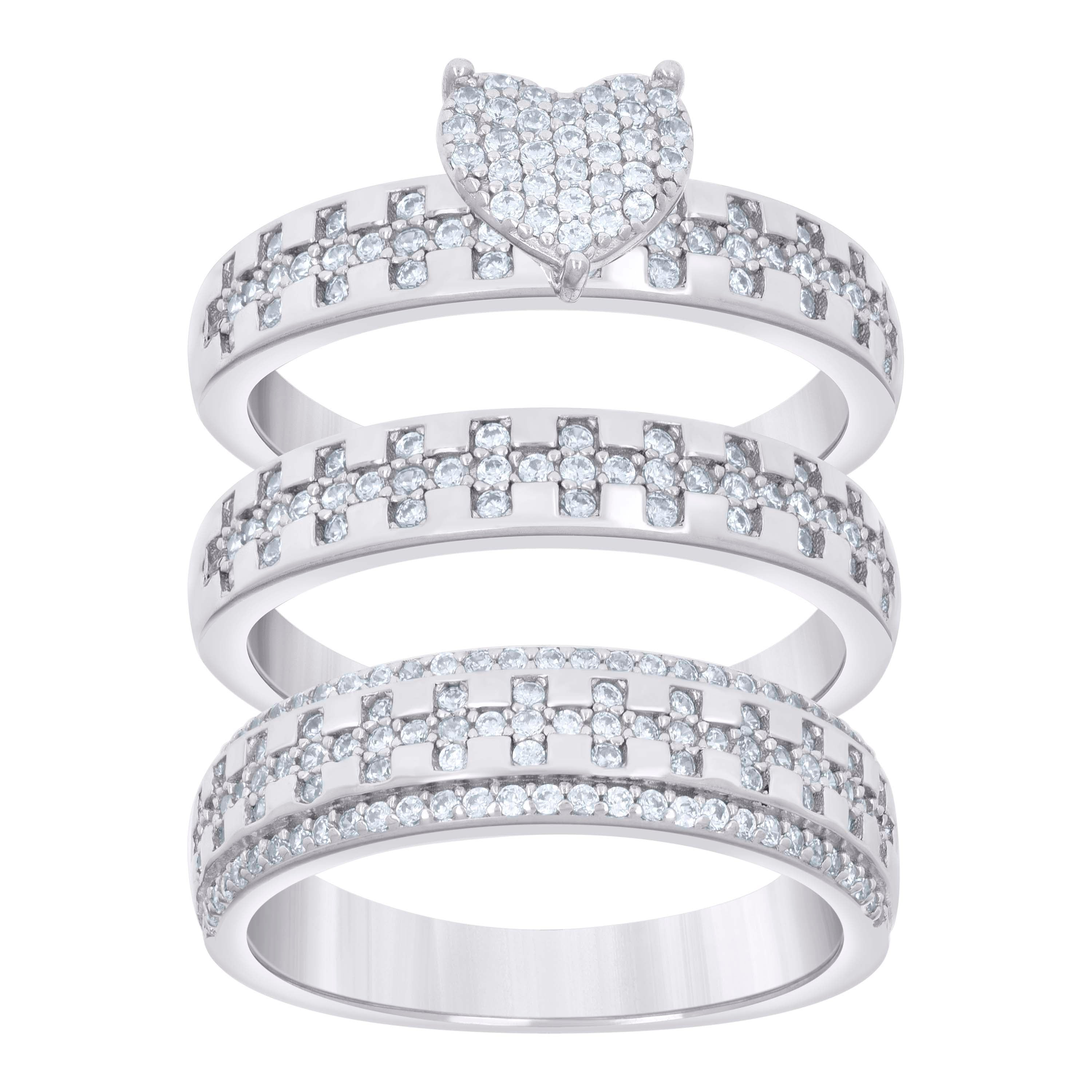 925 Sterling Silver Cubic-Zirconia His & Hers Trio Ring Set Size 9 - SLV-127352