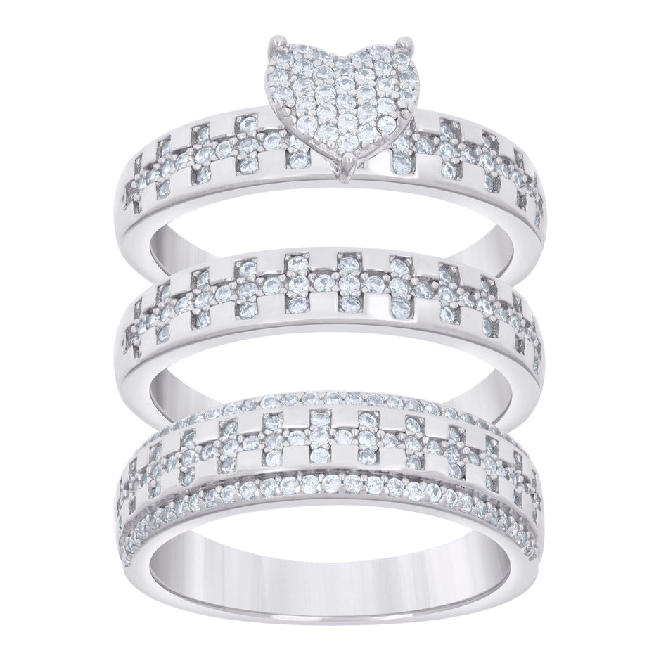 925 Sterling Silver Cubic-Zirconia His & Hers Trio Ring Set Size 7 - SLV-127350