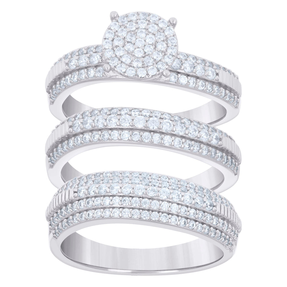 925 Sterling Silver Cubic-Zirconia His & Hers Trio Ring Set Size 8 - SLV-127356