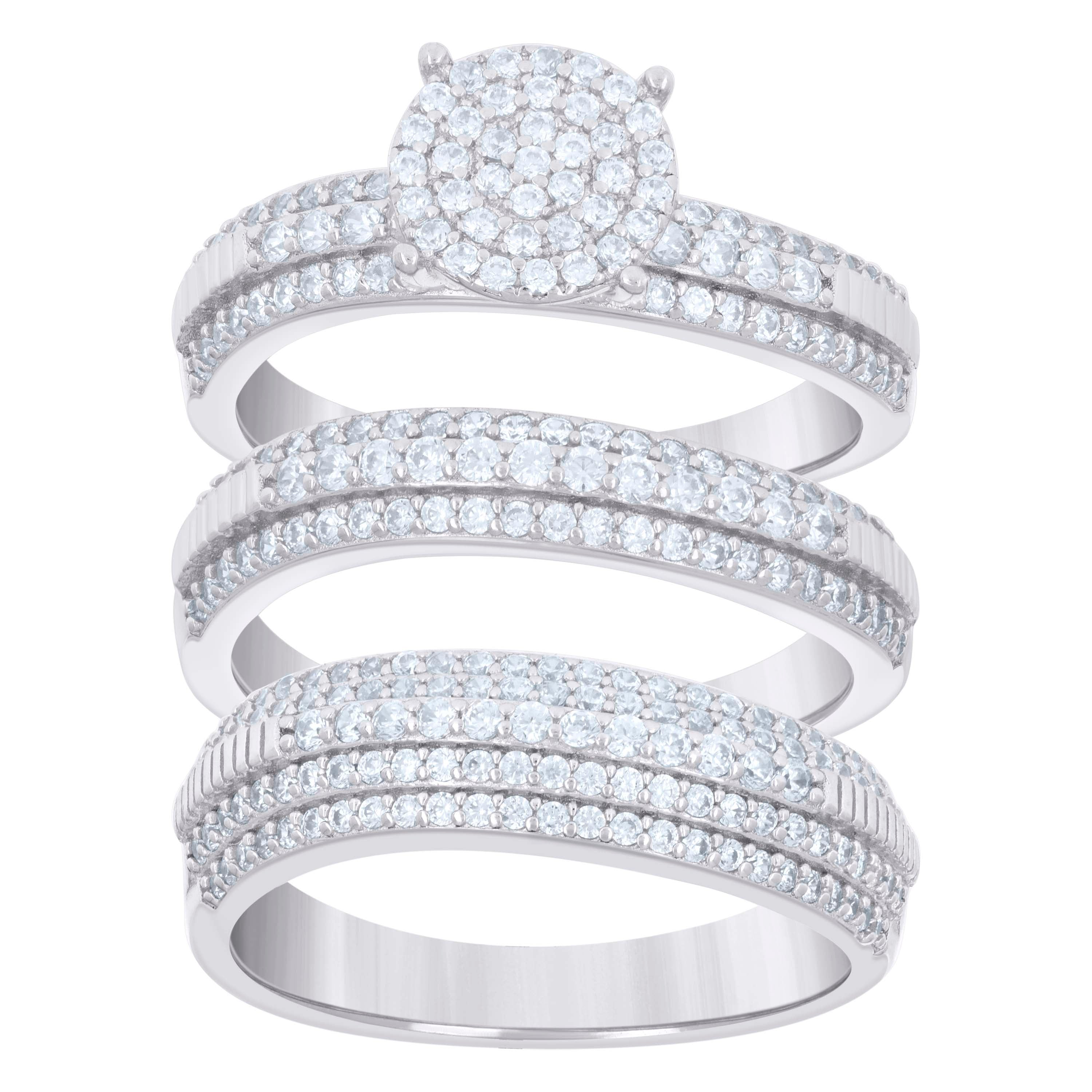 925 Sterling Silver Cubic-Zirconia His & Hers Trio Ring Set Size 7 - SLV-127355