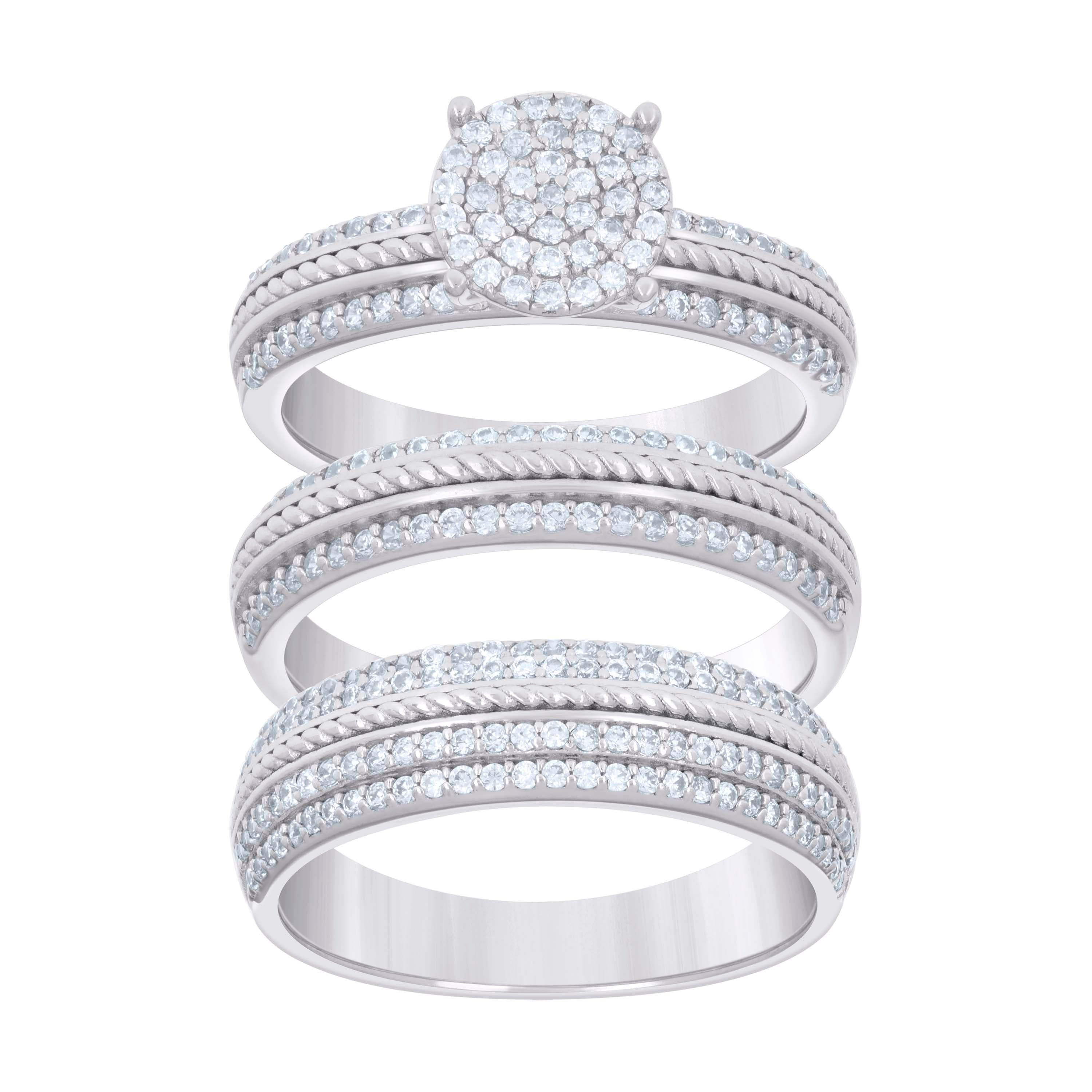 925 Sterling Silver Cubic-Zirconia His & Hers Trio Ring Set Size 8 - SLV-127366