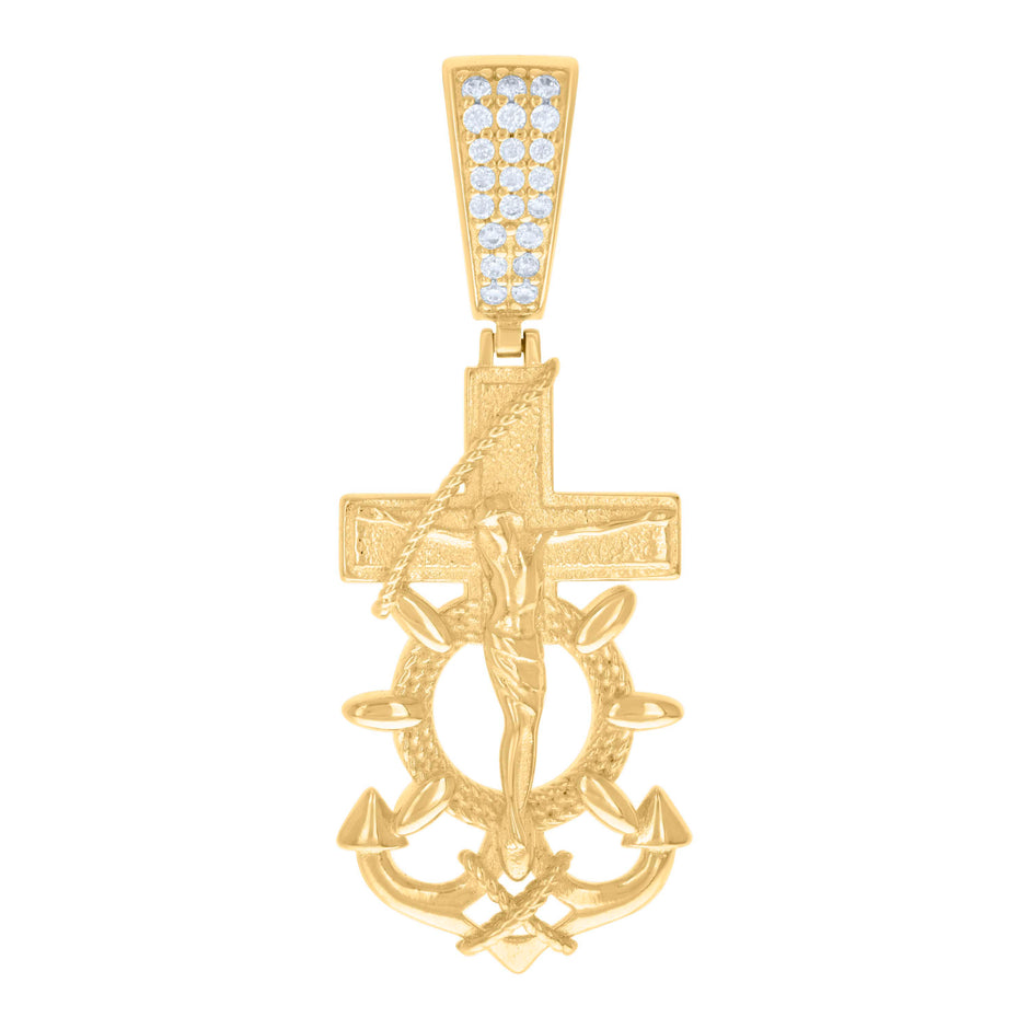 925 Sterling Silver Yellow-tone Mens Cubic-Zirconia Anchor Crucifix Religious Pendant