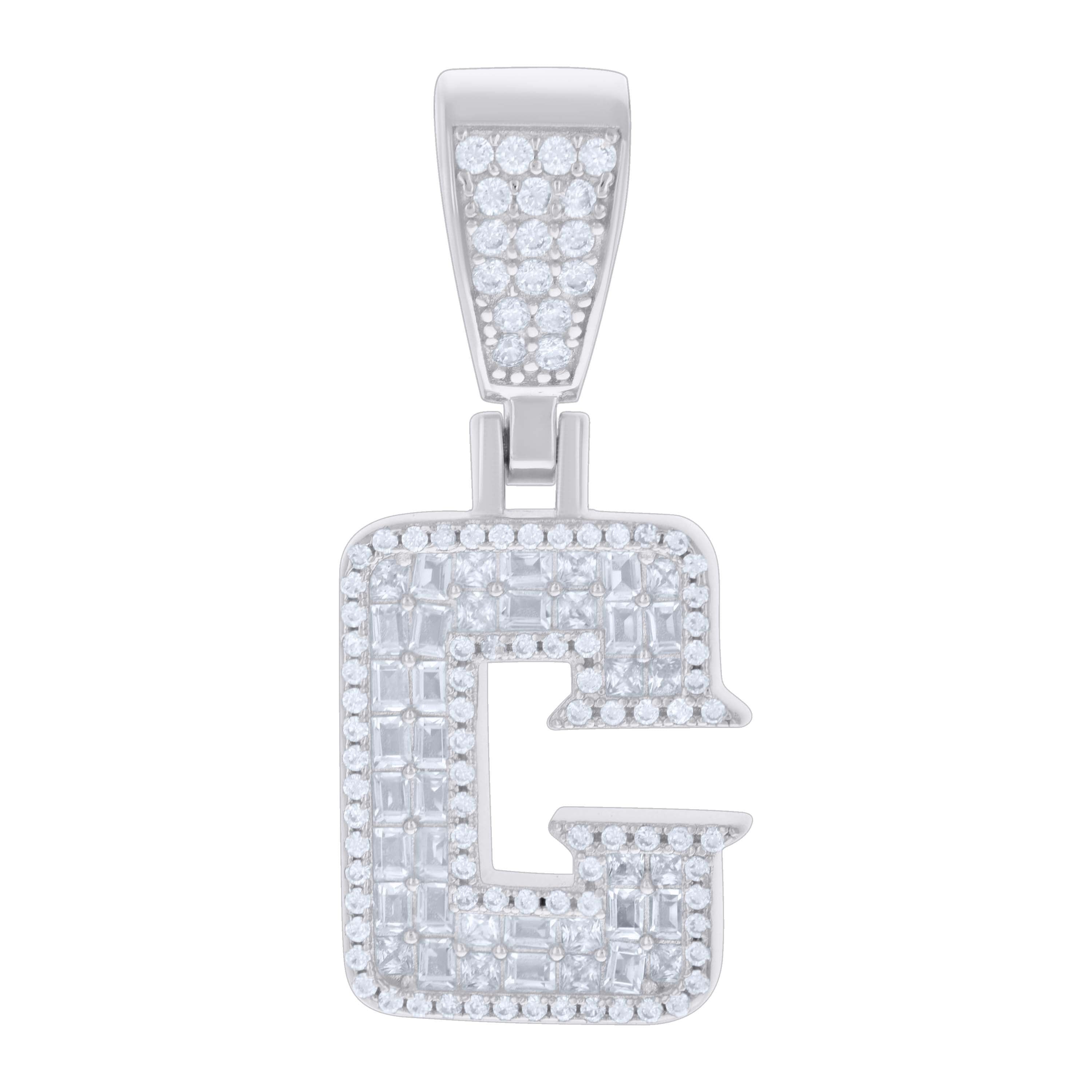 925 Sterling Silver Unisex Baguette Round Cubic-Zirconia Initial Alphabet C Charm Pendant