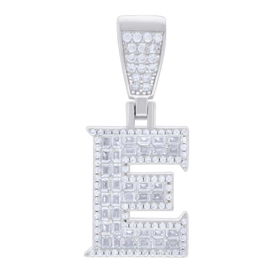 925 Sterling Silver Unisex Baguette Round Cubic-Zirconia Initial Alphabet E Charm Pendant