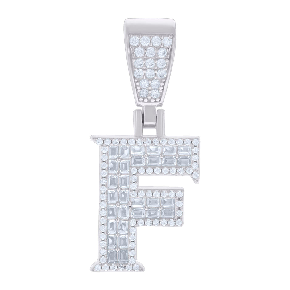 925 Sterling Silver Unisex Baguette Round Cubic-Zirconia Initial Alphabet F Charm Pendant