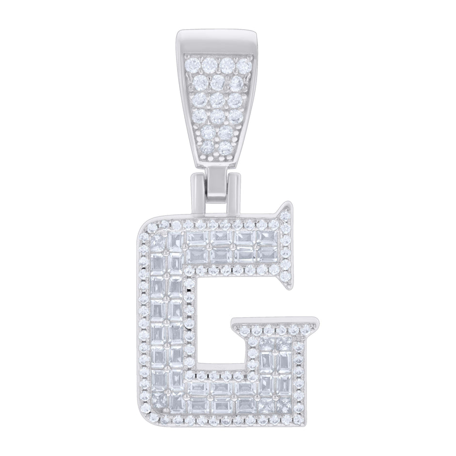 925 Sterling Silver Unisex Baguette Round Cubic-Zirconia Initial Alphabet G Charm Pendant