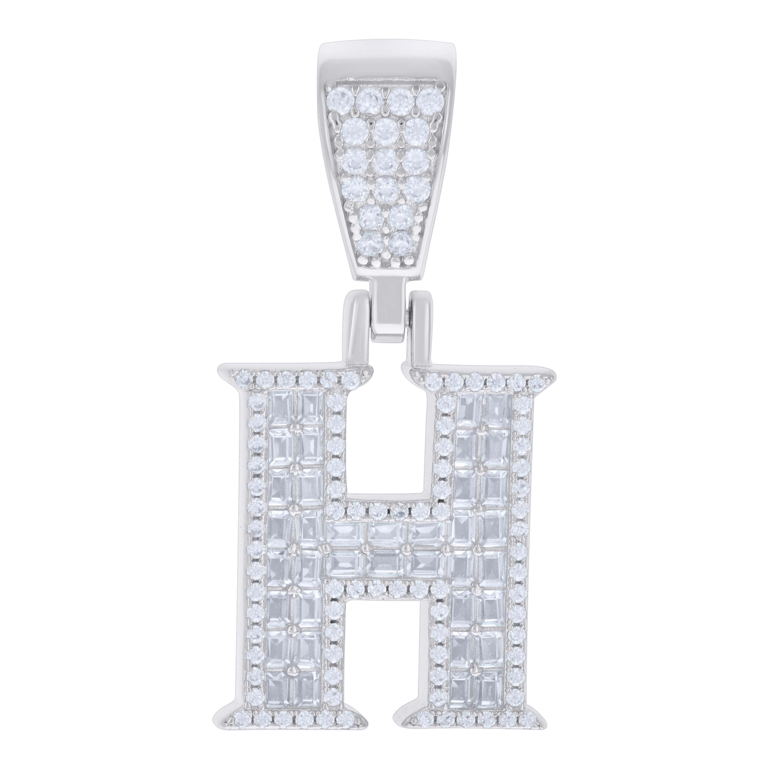 925 Sterling Silver Unisex Baguette Round Cubic-Zirconia Initial Alphabet H Charm Pendant