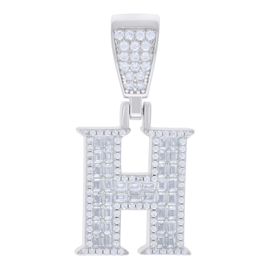 925 Sterling Silver Unisex Baguette Round Cubic-Zirconia Initial Alphabet H Charm Pendant