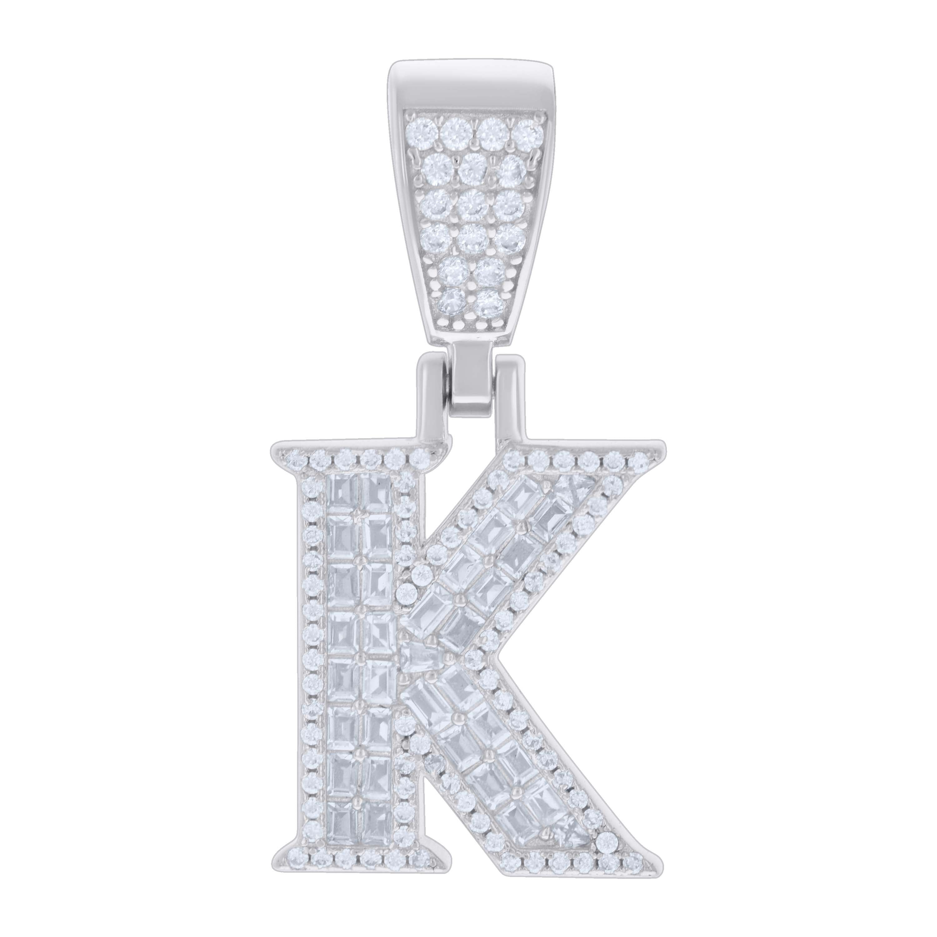 925 Sterling Silver Unisex Baguette Round Cubic-Zirconia Initial Alphabet K Charm Pendant