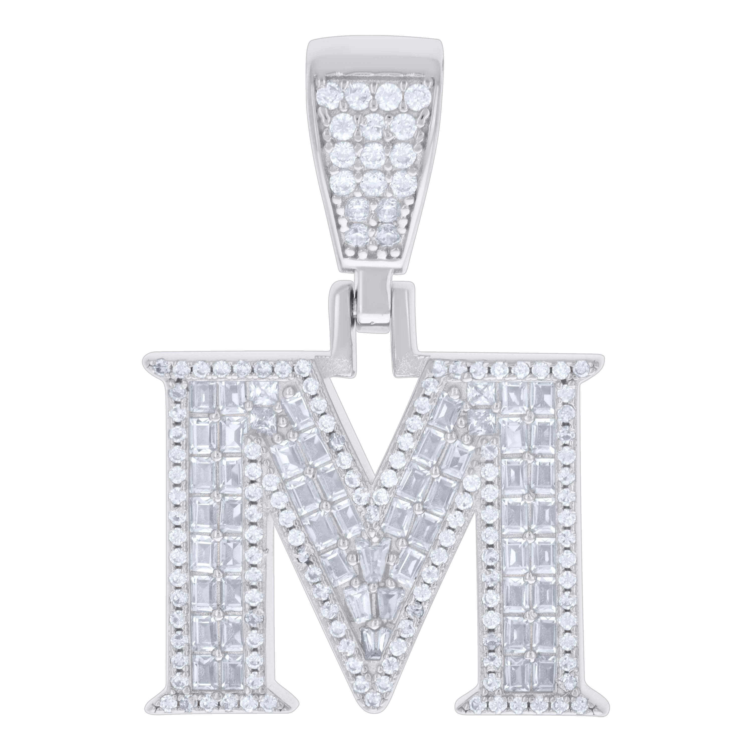 925 Sterling Silver Unisex Baguette Round Cubic-Zirconia Initial Alphabet M Charm Pendant