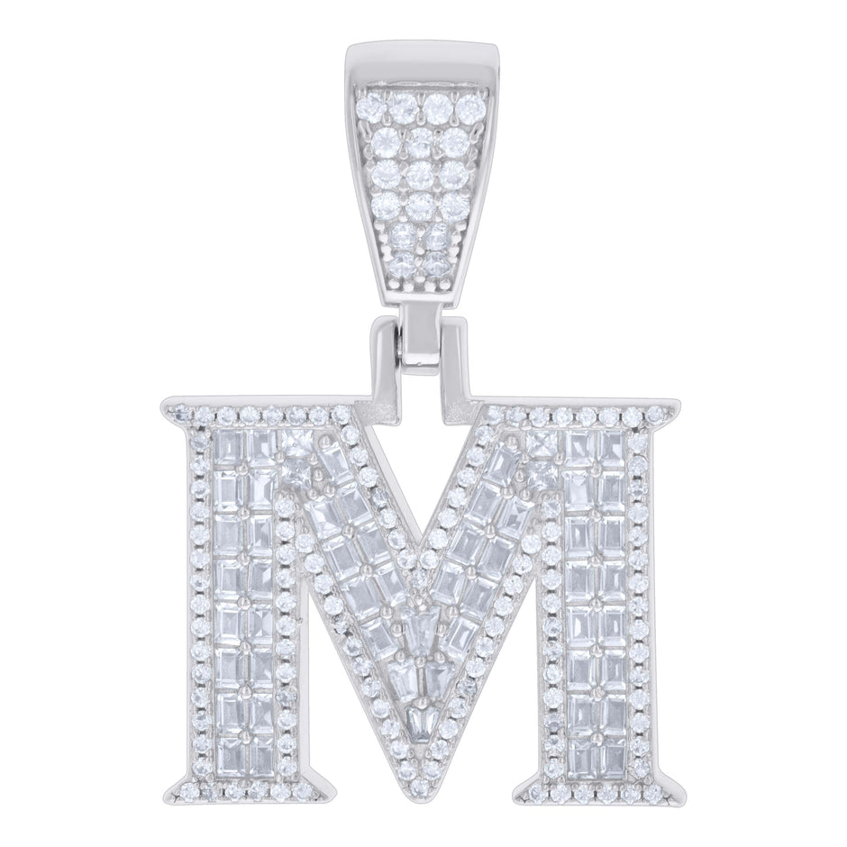 925 Sterling Silver Unisex Baguette Round Cubic-Zirconia Initial Alphabet M Charm Pendant