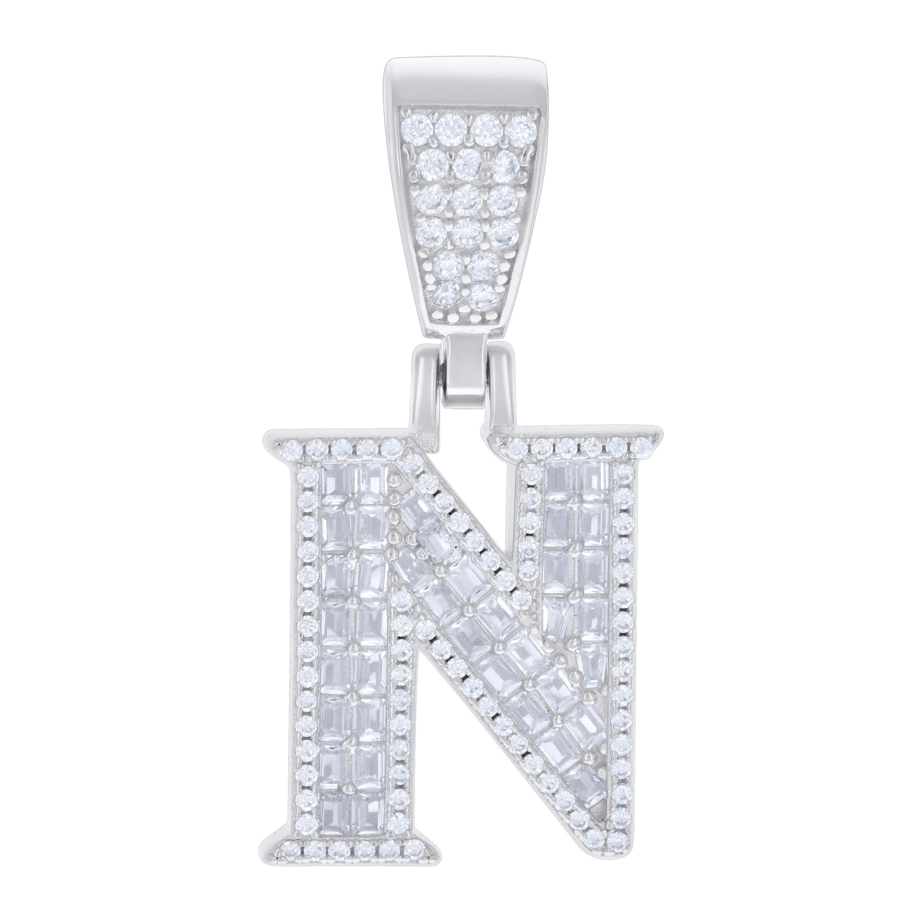 925 Sterling Silver Unisex Baguette Round Cubic-Zirconia Initial Alphabet N Charm Pendant