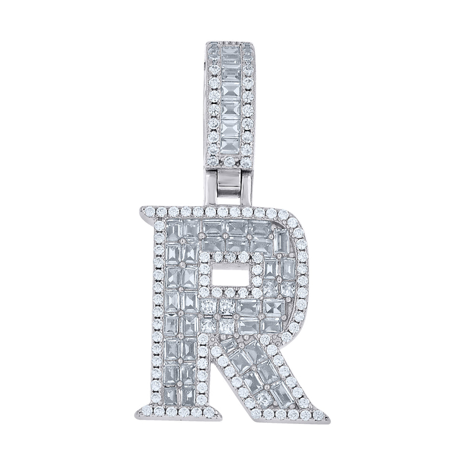 925 Sterling Silver Unisex Baguette Round Cubic-Zirconia Initial Alphabet R Charm Pendant