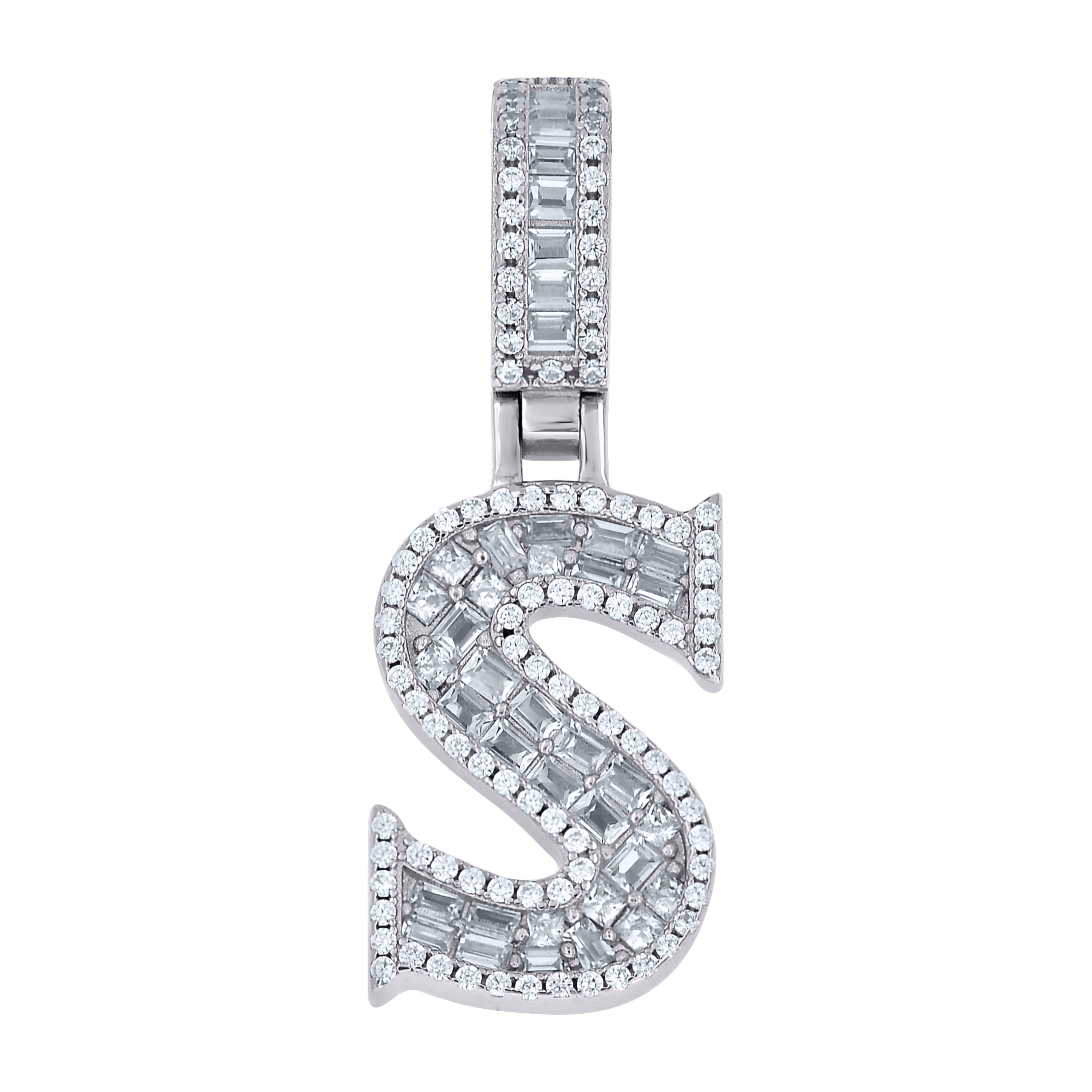 925 Sterling Silver Unisex Baguette Round Cubic-Zirconia Initial Alphabet S Charm Pendant