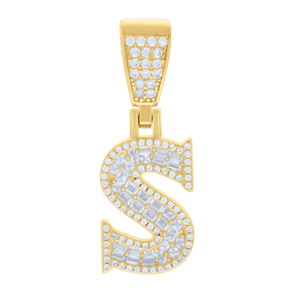 925 Sterling Silver Yellow-tone Unisex Baguette Round Cubic-Zirconia Initial Alphabet S Charm Pendant