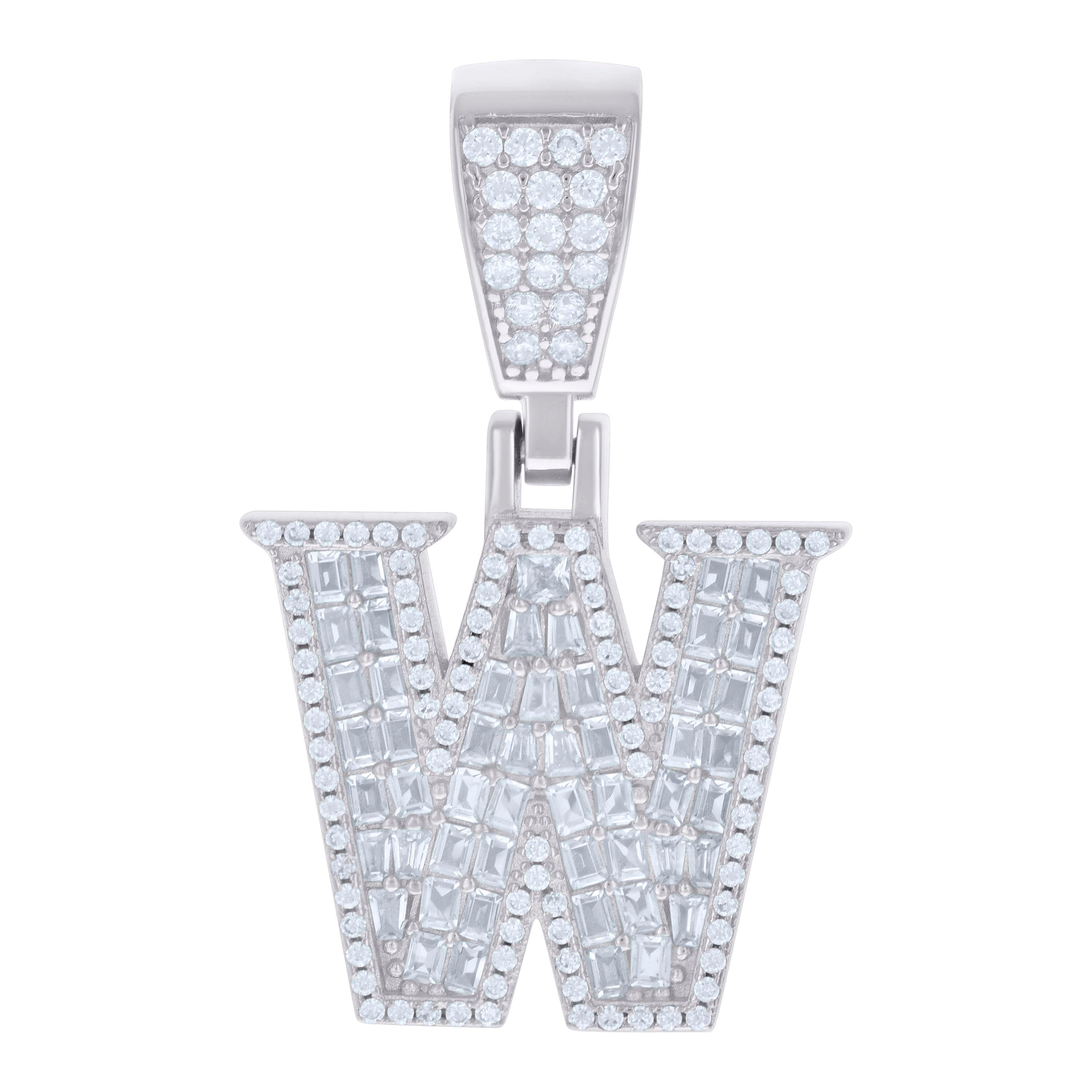925 Sterling Silver Unisex Baguette Round Cubic-Zirconia Initial Alphabet W Charm Pendant