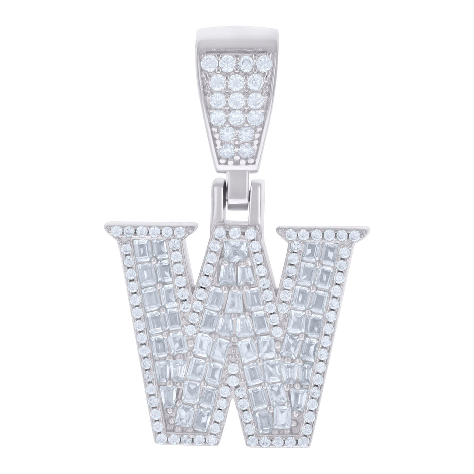 925 Sterling Silver Unisex Baguette Round Cubic-Zirconia Initial Alphabet W Charm Pendant