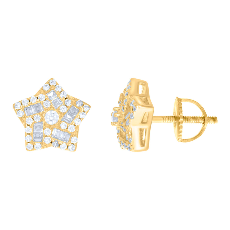 925 Sterling Silver Yellow-tone Womens Baguette Round Cubic-Zirconia Star Stud Earrings