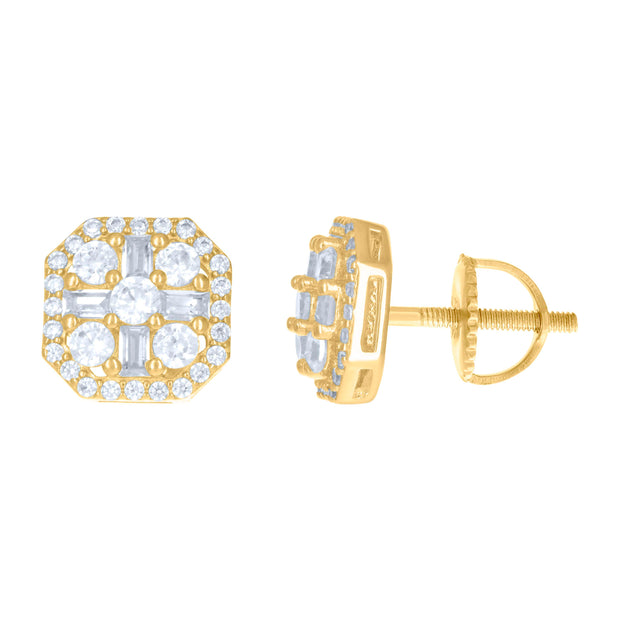 925 Sterling Silver Yellow-tone Womens Baguette Round Cubic-Zirconia Fashion Stud Earrings 