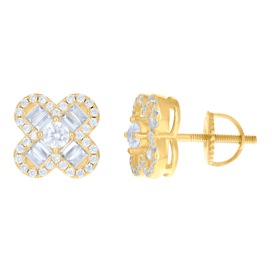 925 Sterling Silver Yellow-tone Womens Baguette Round Cubic-Zirconia Fashion Stud Earrings 